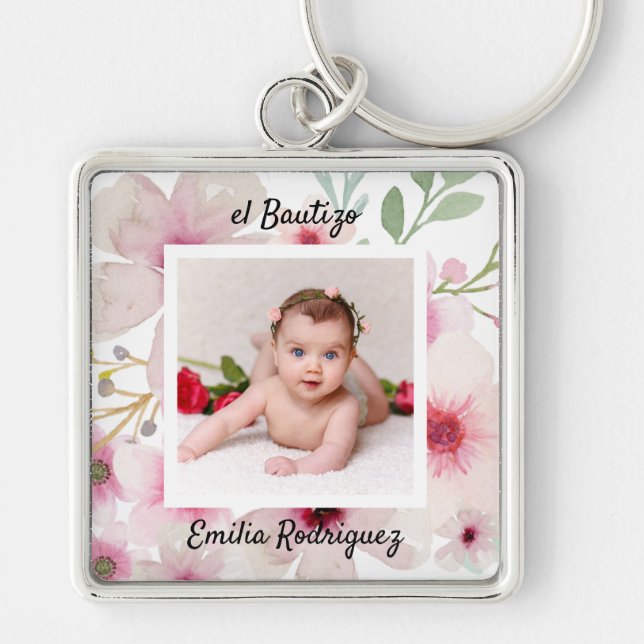 Porte-clés Pink Floral Rose PHOTO BAUTIZO Baptism Girls Named (Devant)