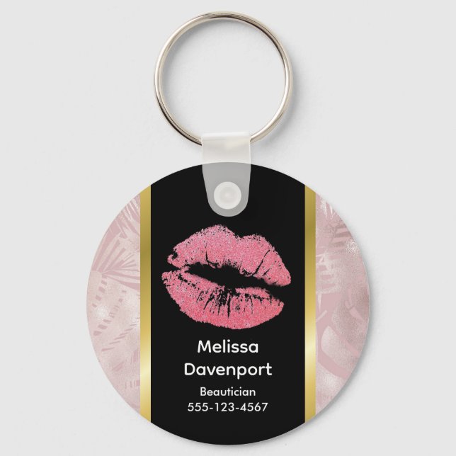 Porte-clés Pink Glitter Lips & Rose Gold Tropical Leaves (Recto)