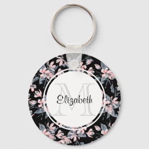 Porte-clés Pink & Gray Floral Watercolor Pattern Monogram