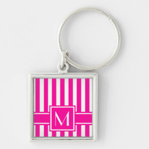 Porte-clés Pink Modern Stripe with Monogram