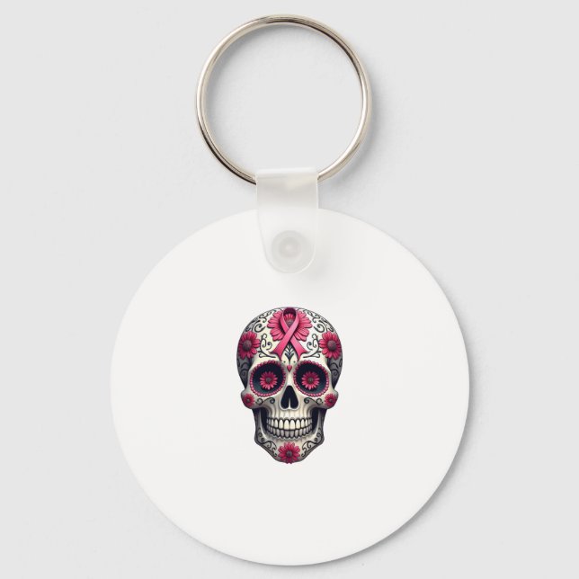 Porte-clés Pink Ribbon Sugar Skull Calavera Breast Cancer Awa (Recto)