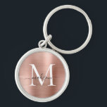 Porte-clés Pink Rose Gold Brushed Metal Monogram Girly Script<br><div class="desc">Pink Rose Gold Brushed Metal Girly Script Monogram Keychain</div>