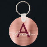 Porte-clés Pink Rose Gold Burgundy Stainless Steel Monogram<br><div class="desc">Pink Rose Gold and Burgundy Marsala Faux Stainless Steel Metallic Elegant Keychain. These Keychains can be customized to include your initial and first name. These key chains make great birthday,  bridal shower or bachelorette party favors.</div>
