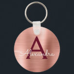 Porte-clés Pink Rose Gold Burgundy Stainless Steel Monogram<br><div class="desc">Pink Rose Gold and Burgundy Marsala Faux Stainless Steel Metallic Elegant Keychain. These Keychains can be customized to include your initial and first name. These key chains make great birthday,  bridal shower or bachelorette party favors.</div>