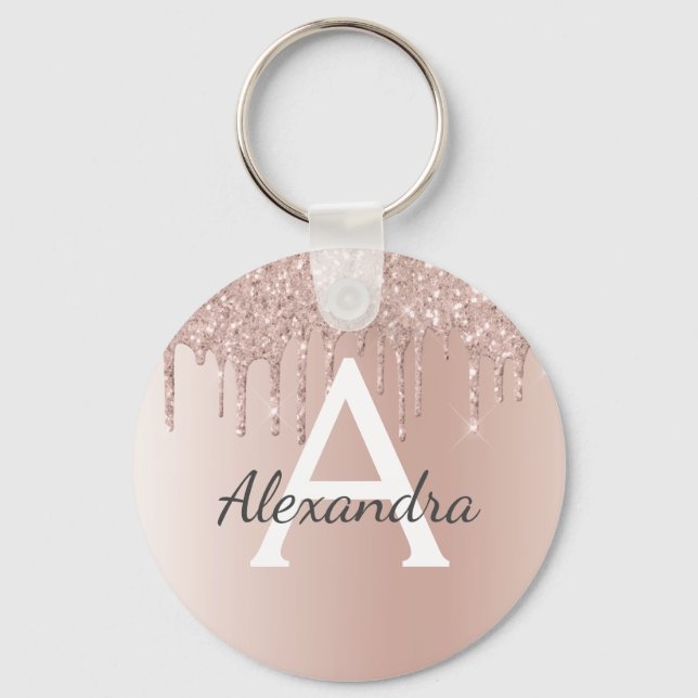 Porte-clés Pink Rose Gold Faux Stainless Steel Monogram (Recto)