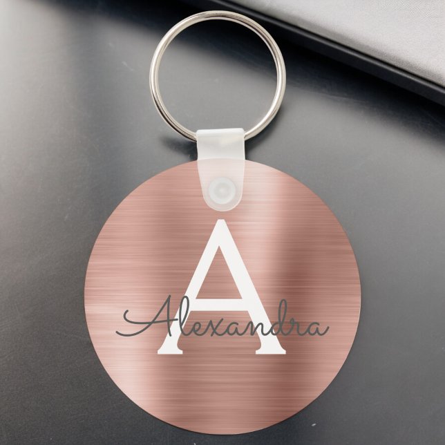 Porte-clés Pink Rose Gold Faux Stainless Steel Monogram (Créateur téléchargé)