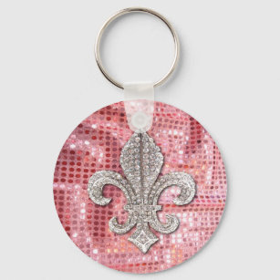 Porte-clés Pink Sequin Bijou étincelant Fleur De Lis Vintage