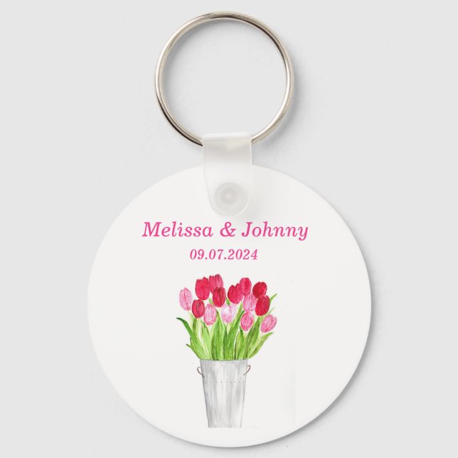 Porte-clés Pink Tulips aquarelle florale élégant Mariage (Recto)