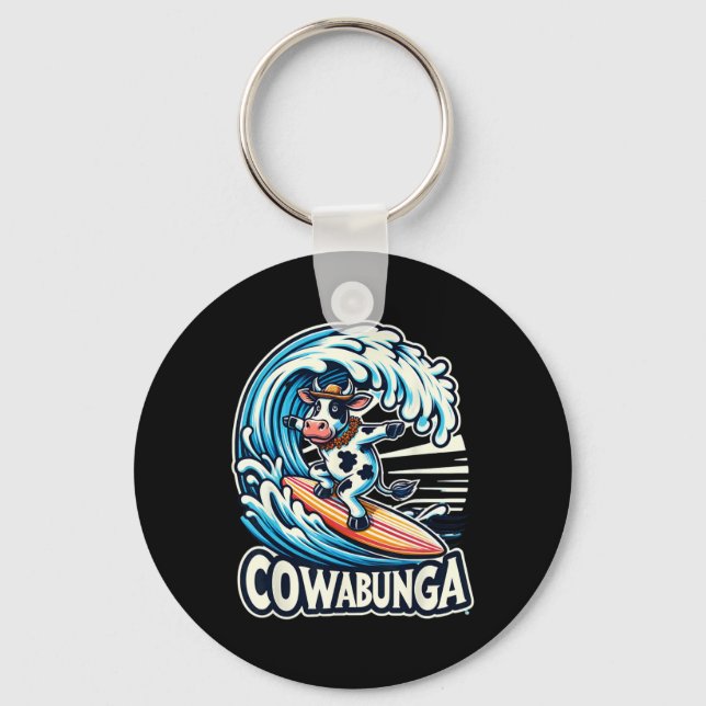 Porte-clés Plage Cowabunga Surfant Vache Planche de Surf Plan (Recto)