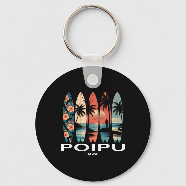 Porte-clés Plage de Poipu Hawaii Surfboard Surf Rétro  (Recto)