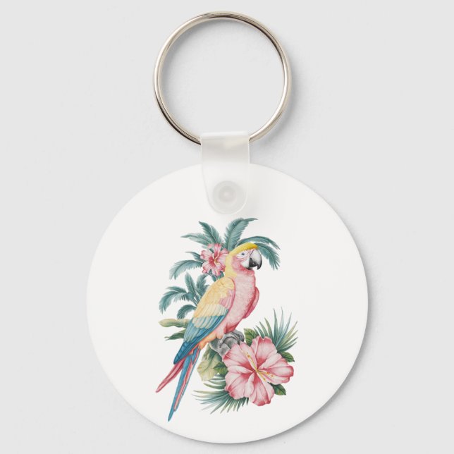 Porte-clés Plage d'été tendance perroquet et fleurs d'Hibiscu (Recto)