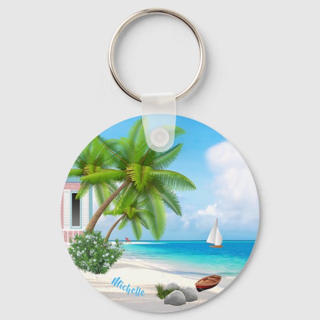 Porte-clés Plage Tropicale Nom Personnalisé (Recto)
