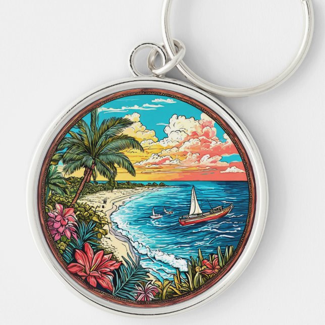 Porte-clés Plage tropicale panoramique avec voiliers (Devant)