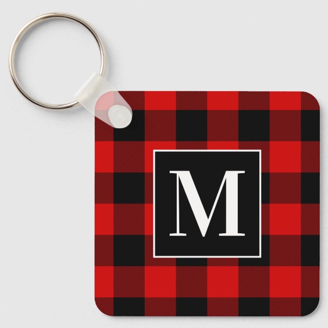 Porte-clés Plaid Buffalo Rouge et Noir Monogrammé (Recto)