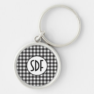 Porte-clés Plaid noir et blanc personnalisé avec monogramme