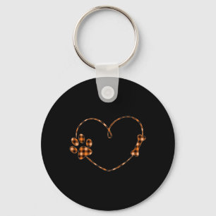 Porte-clés Plaid Orange Noir Patte de Chien Os Coeur Hallowee
