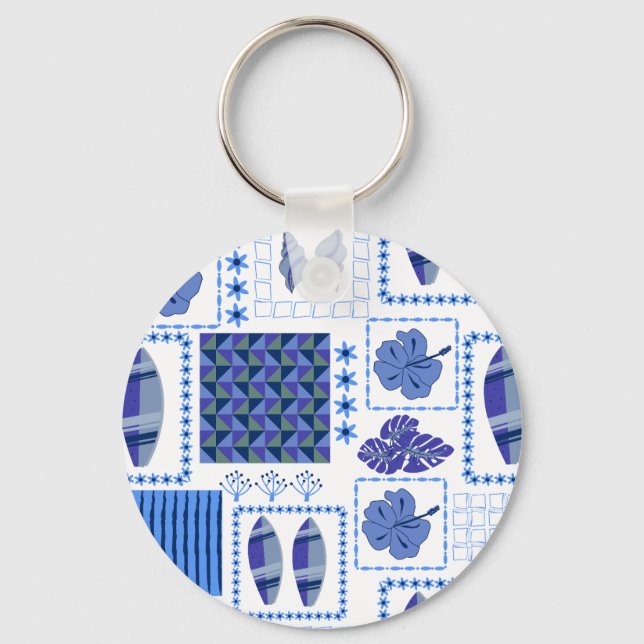 Porte-clés Planche de surf tropicale bleue motif hibiscus (Recto)