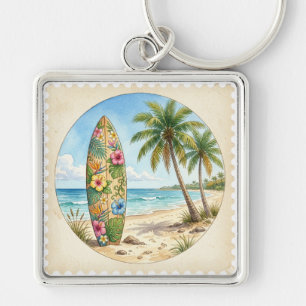 PORTE-CLÉS PLANCHE DE SURF TROPICALE COLORÉE SUR LA PLAGE