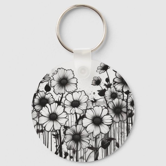 Porte-clés Plaque d'encre florale monochromatique (Recto)