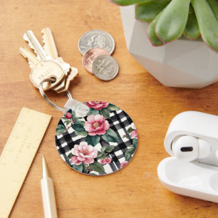 Porte-clés Plaqué noir et blanc avec Camellias rose feuillus