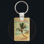 Porte-clés Playa del Carmen Palm Tree Vintage Travel<br><div class="desc">A uniquely retro mid-century modern Playa del Carmen Mexico art print in vintage travel poster style. It features a curved palm tree on sandy beach with ocean under a blue cloudy sky.</div>