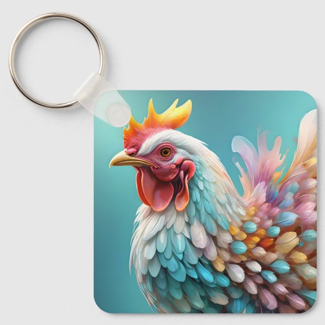 Porte-clés "Plumes de couleur : le poulet arc-en-ciel" (Recto)