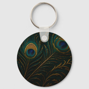 Porte-clés Plumes de paon luxueuses motif sarcelle doré