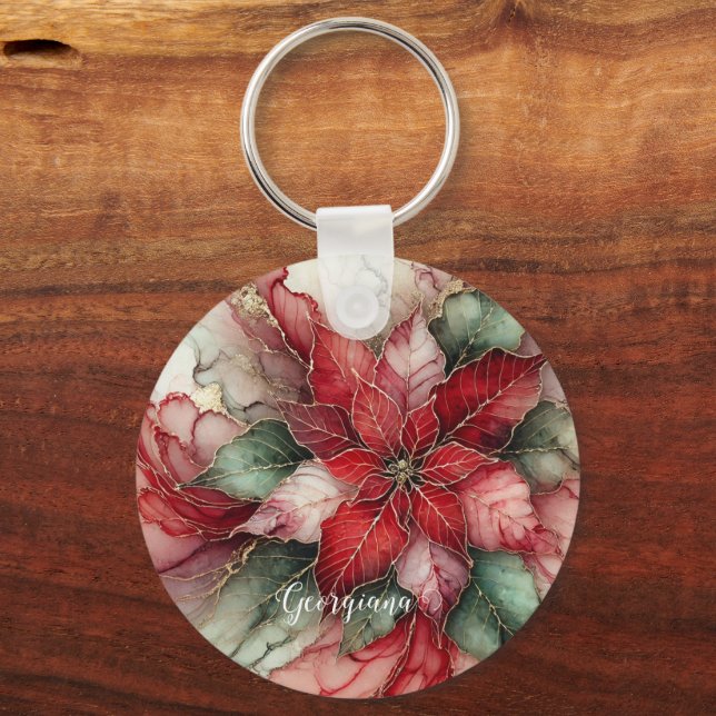Porte-clés Poinsettia d'encre d'alcool floral festif personna (Recto)