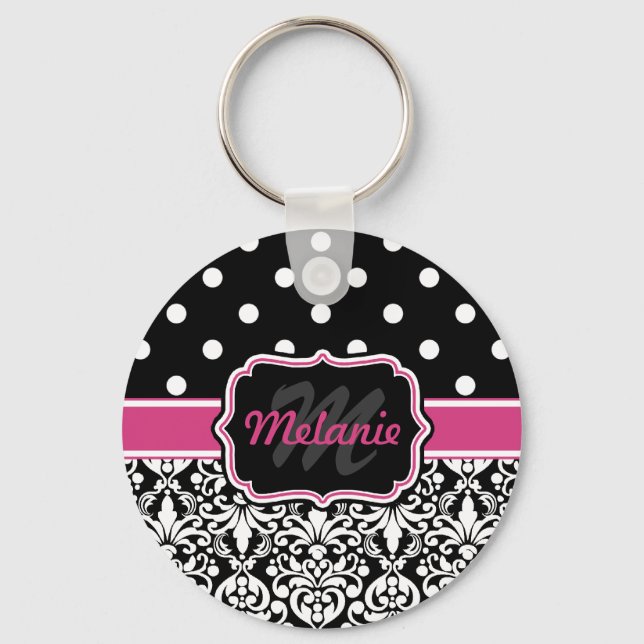 Porte-clés Point de Polka noir rose chaud (Recto)