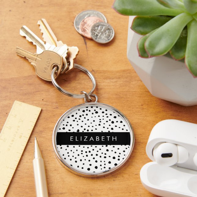 Porte-clés Points dalmatiens, Spots, Noir et Blanc, Votre nom (Bureau)