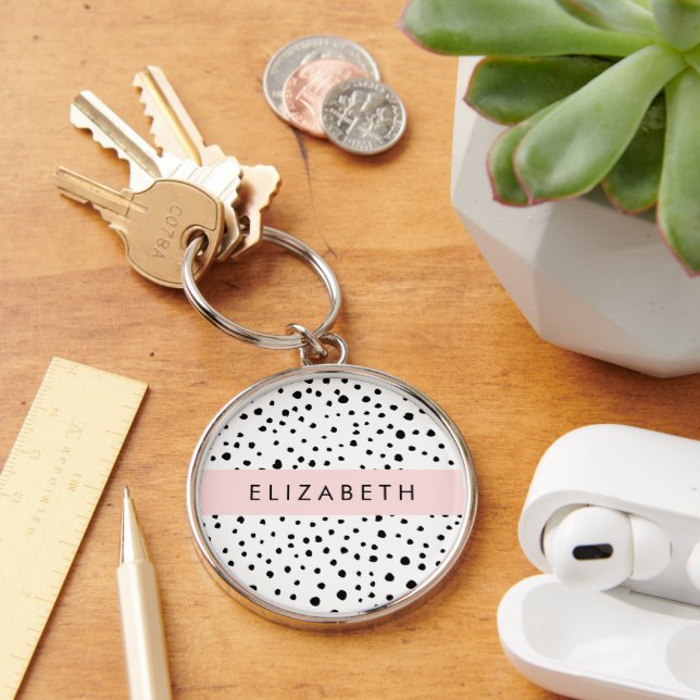 Porte-clés Points dalmatiens, Spots, Noir et Blanc, Votre nom (Bureau)