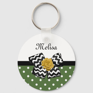 Porte-clés Points verts mignons Rose jaune Chevron Bow et nom