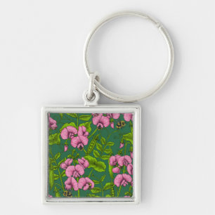 Porte-clés Pois doux et bourdons, vert et rose