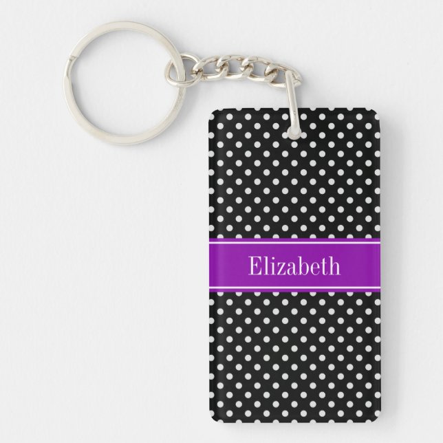 Porte-clés Pois noirs et blancs Nom violet Monogramme (Devant)