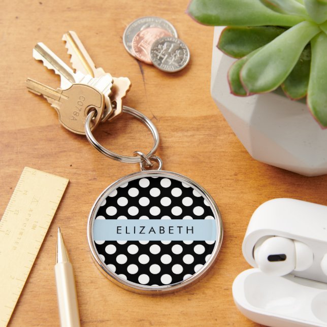 Porte-clés Pois noirs et blancs, pointillés, Votre nom (Bureau)