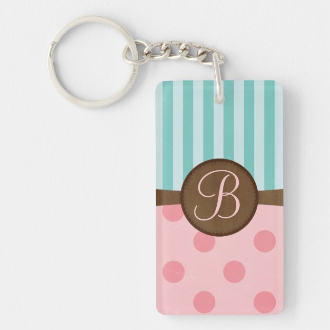 Porte-clés Pois rose chic turquoise rayures monogramme (Devant)