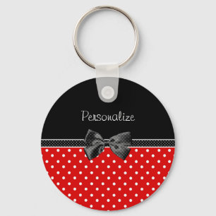 Porte-clés Pois rouge et noir Girly avec l'arc et le nom