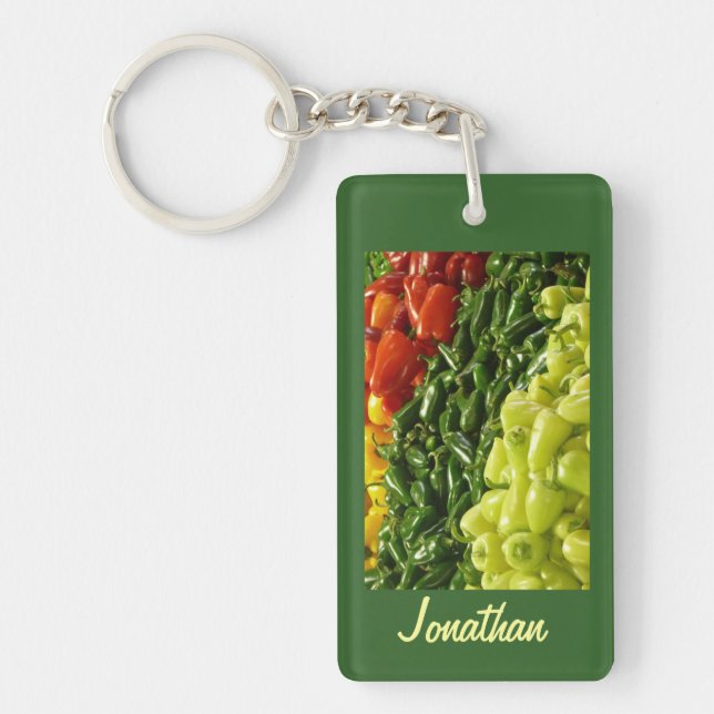 Porte-clés Poivrons à chaud rectangulaires, Vert, Nom, (Devant)