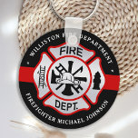 Porte-clés Pompier Maltais Croix Fireman personnalisé<br><div class="desc">Porte - clé de pompier Maltese Cross de ligne rouge mince personnalisé - design moderne noir rouge et argent. Personnalisez avec les services d'incendie, le nom du pompier ou votre texte. Ce porte - clé de pompier personnalisé est parfait pour les services d'incendie, de pompiers, ou comme souvenir, cadeaux de...</div>