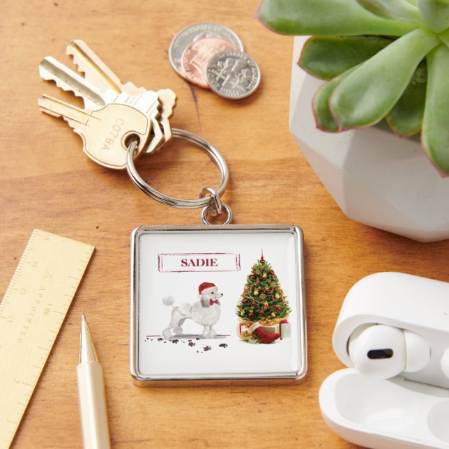 Porte-clés Poodle blanc Funny Chien de Noël avec arbre (Bureau)