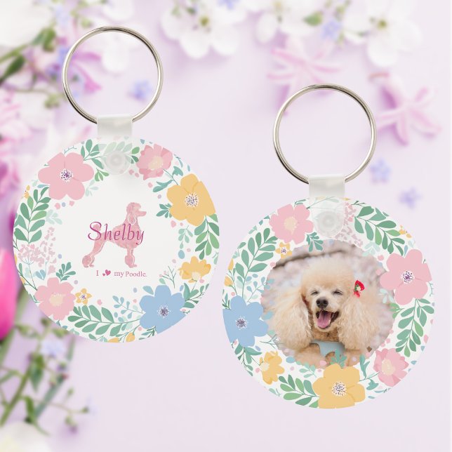Porte-clés Poodle Pastel Pink Silhouette with Flower Wreath (Créateur téléchargé)