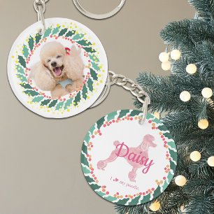 Porte-clés Poodle rose pastel de Noël Photo person