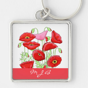 Porte-clés Poppies roses rouges Art Personnalisé Monogramme p