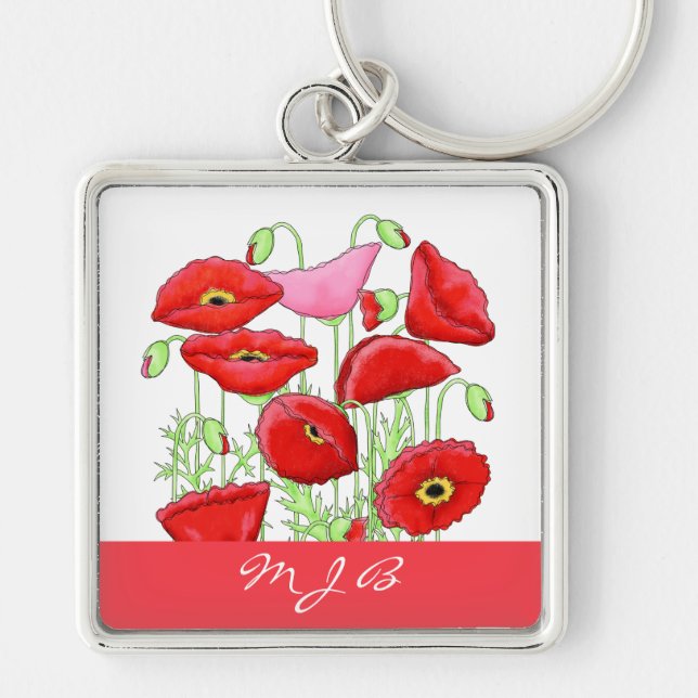 Porte-clés Poppies roses rouges Art Personnalisé Monogramme p (Devant)