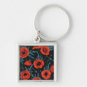 Porte-clés Poppies, rouge et bleu sur noir