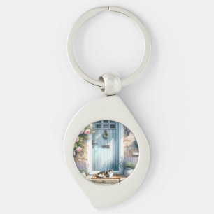 Porte-clés Porche Floral Cottagecore avec Chat Calicot
