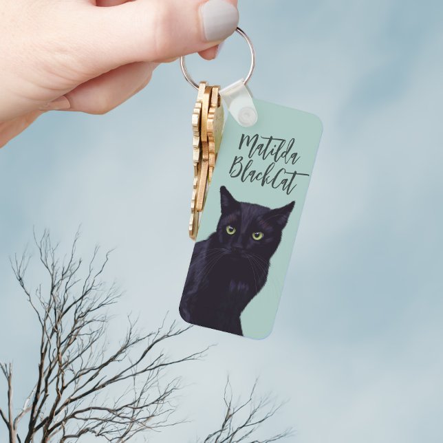 Porte-clés Porte - clé d'art de chat noir personnalisé (Add you name to this cute black cat keychain)