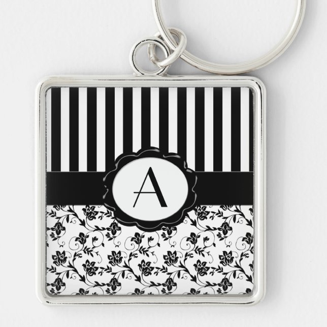 Porte-clés Porte - clé de monogramme à rayures florales noir  (Devant)