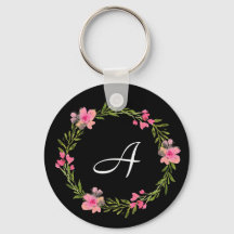 Porte - clé de monogramme Floral Noir