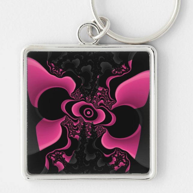 Porte-clés porte - clé de papillon fractal noir et rose (Devant)